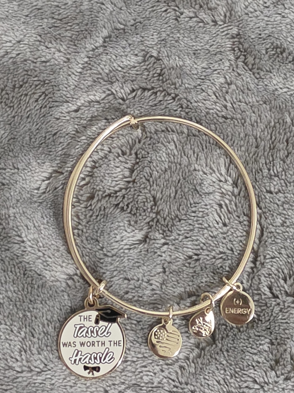 Alex And Ani Gold Tone Charm Bangle Bracelet with Tassel Quote Charm